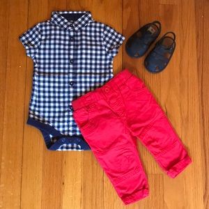 Baby Blue Gingham Onesie & Red Pants Set— 3-6mo
